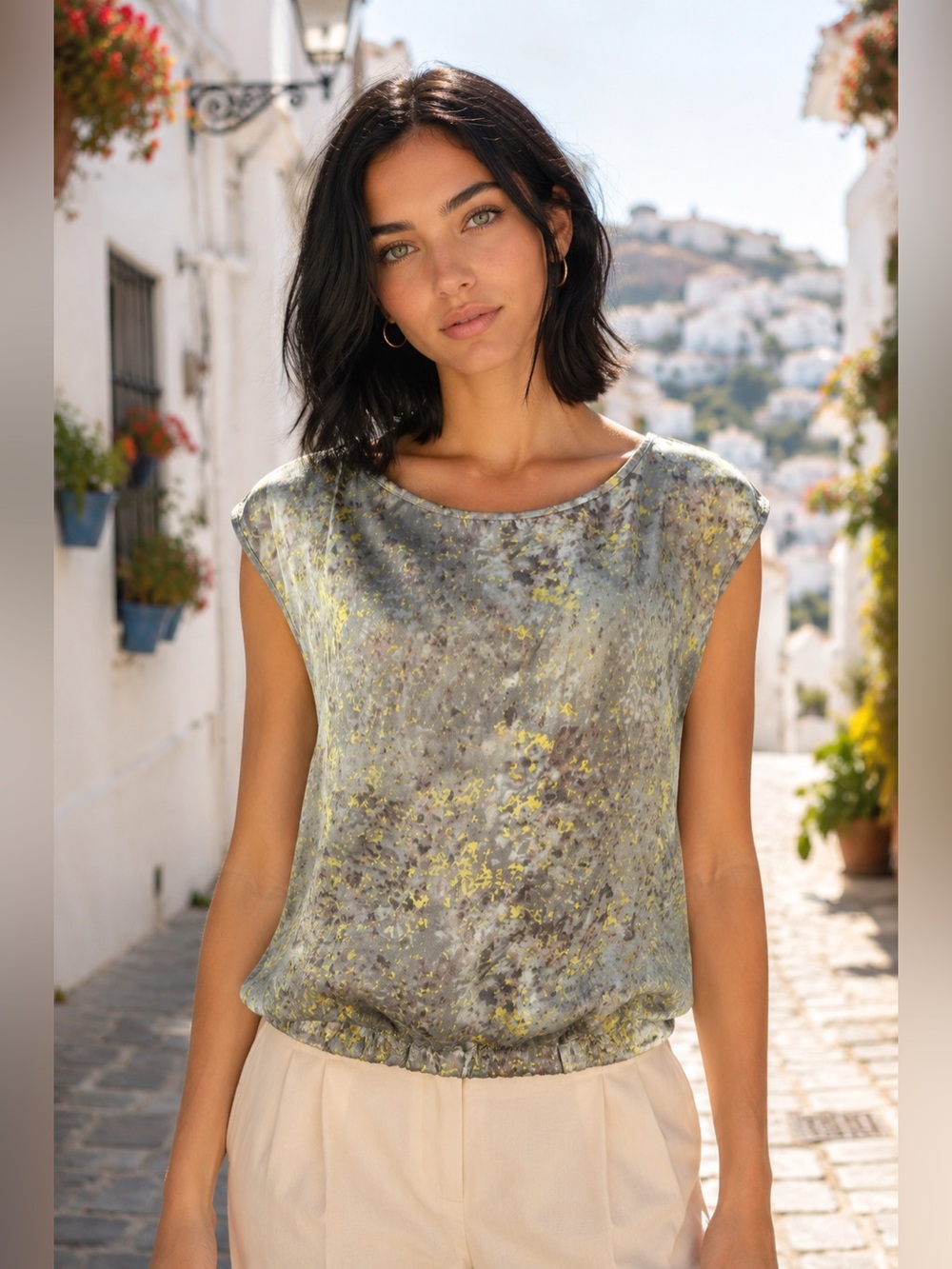 DKNY Gray and Olive Floral Cap-Sleeve Blouse